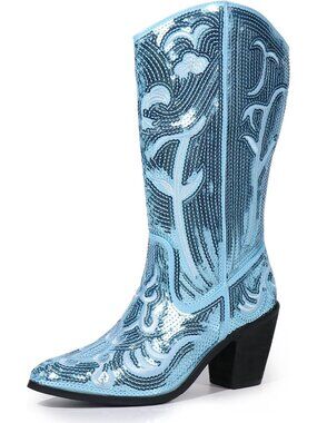 Women's Blue Sequin Western Sequin Mid Calf Wide Calf High Fashion Cowboy Boots